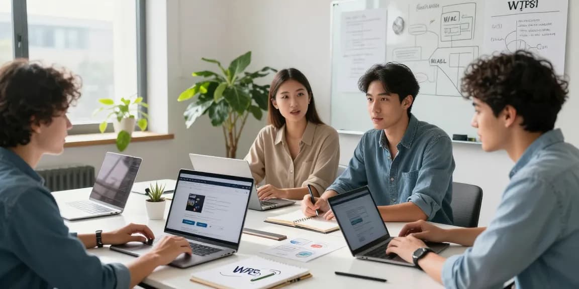Team members actively discussing strategies at the WPS Official Website in a modern workspace.