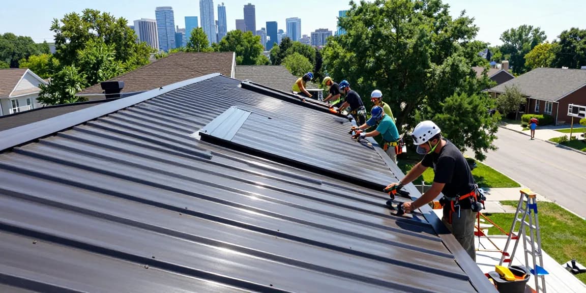 Team of professional roofers installing metal roofing in Toronto, emphasizing quality and expertise in metal roofing Toronto.