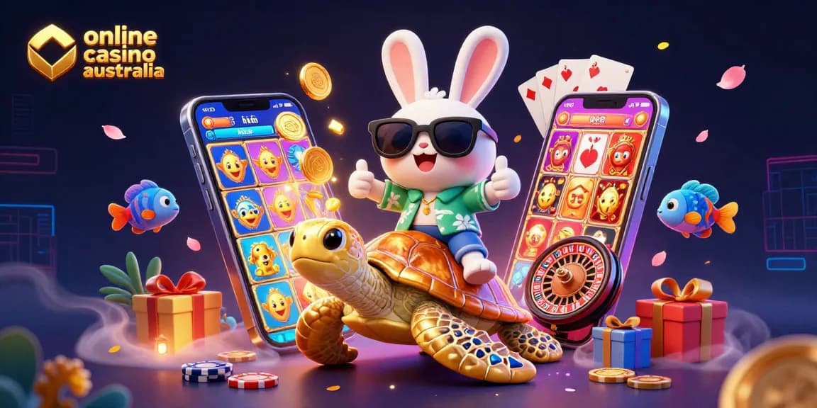 Play dynamic online casino games in Australia with a fun rabbit character enjoying a vibrant scene.
