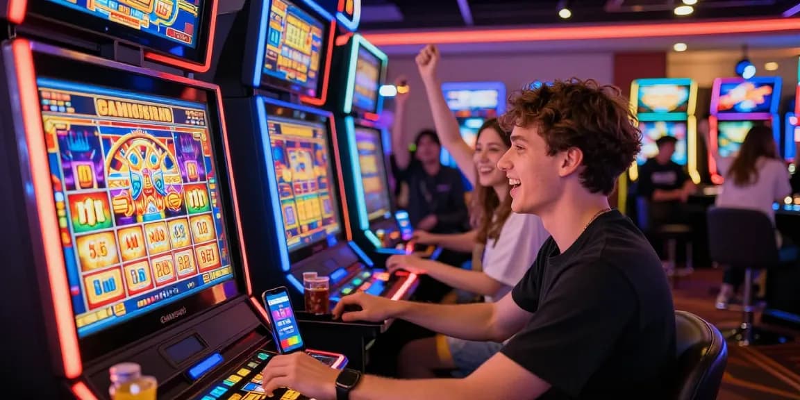 Permainan slot gacor di KANGBET dengan suasana ceria dan trofi kemenangan.