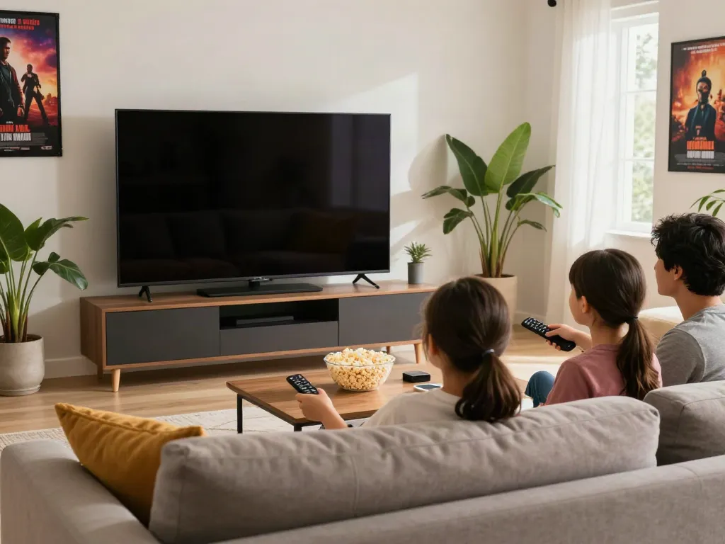 Cozy family scene enjoying free movies on the movie box app in a stylish living room.