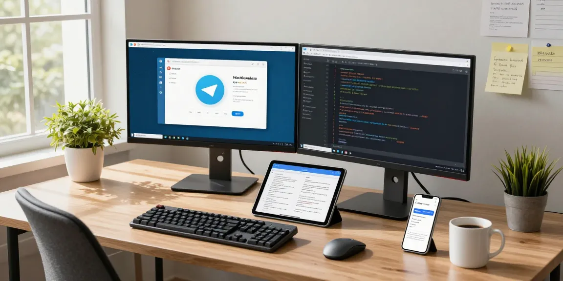 Workspace showcasing Telegram Download with developer coding on dual monitors in a bright office.