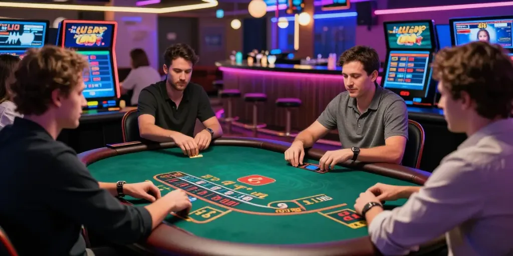 Engaging online gaming atmosphere at KU88 casino with players enjoying live dealer games and vibrant neon lights.