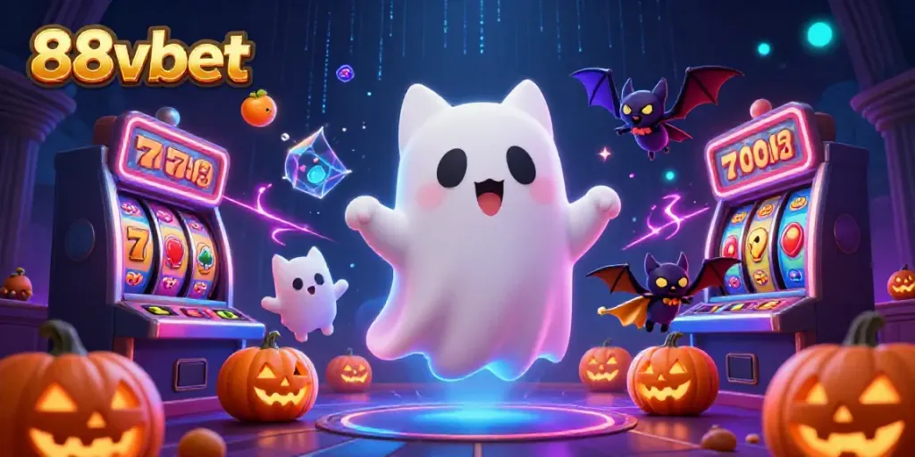 Experience thrilling wins with 88vbet in a vibrant, haunted casino scene featuring a ghost cat.