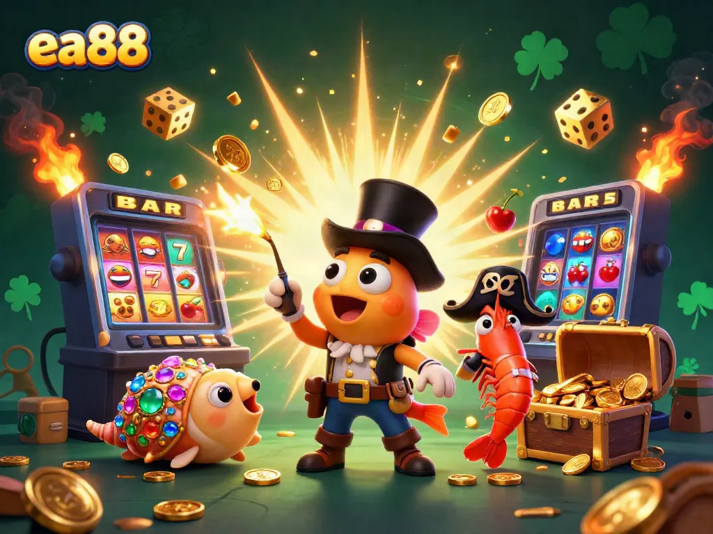 Engage with exciting ea88 moments as cartoon characters attract coins and jackpots in this vibrant casino scene.