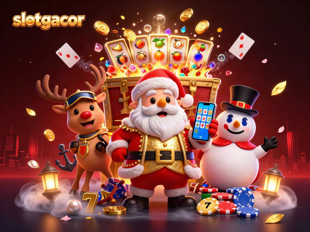 Engage in thrilling gameplay with slotgacor as Santa and friends celebrate jackpot wins in a vibrant casino.