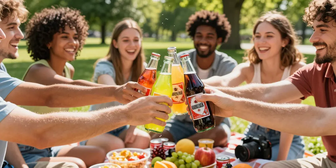 Refreshing Canadian soda served during a lively picnic with friends in a sunny park.