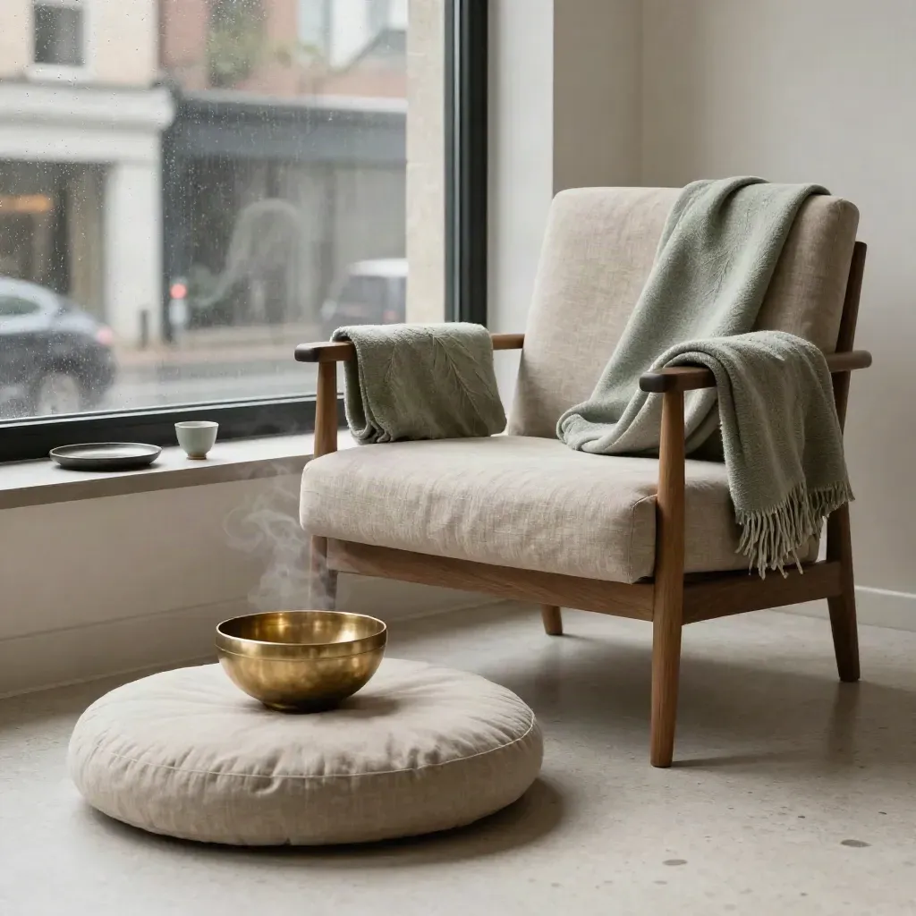 Mindfulness coaching nook with chair, cushion, tea tray and rain-streaked city window.