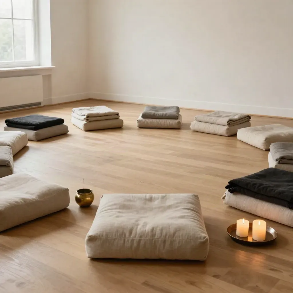 Ivory meditation cushions, blankets, and a brass chime in a bright studio after a class