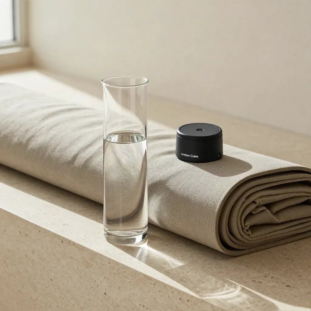 Rolled mat, bolster, breath timer and water carafe on a plaster bench, softly lit.