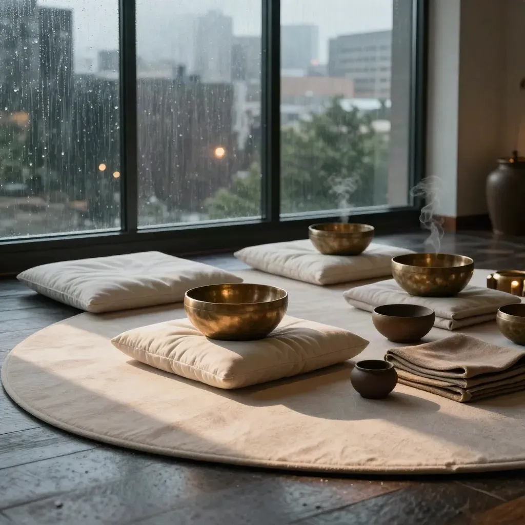 Meditation studio with cushions, singing bowls, blankets and tea set in rainy city glow
