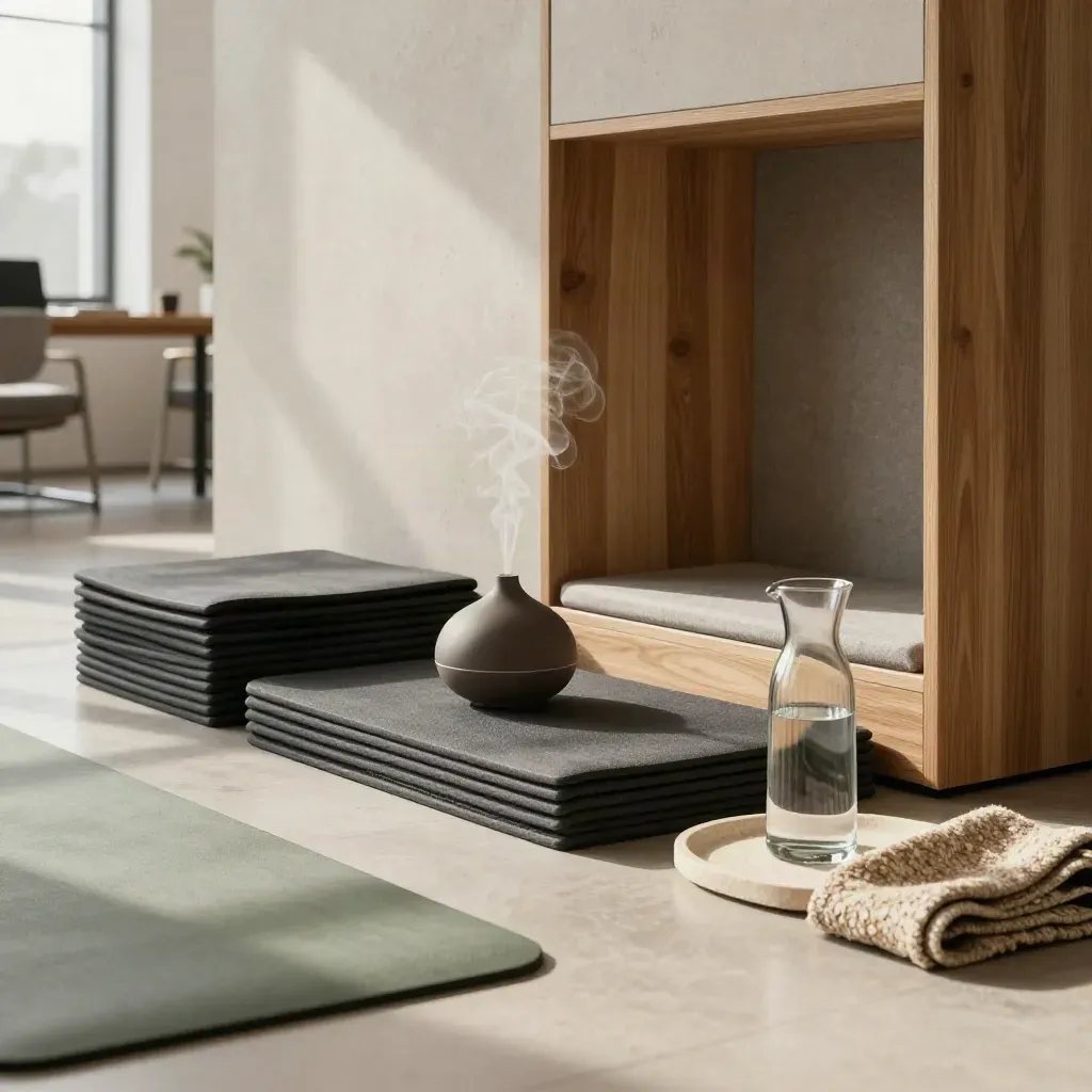 Office wellness corner with mats, diffuser, water carafe, blanket, and acoustic nook.