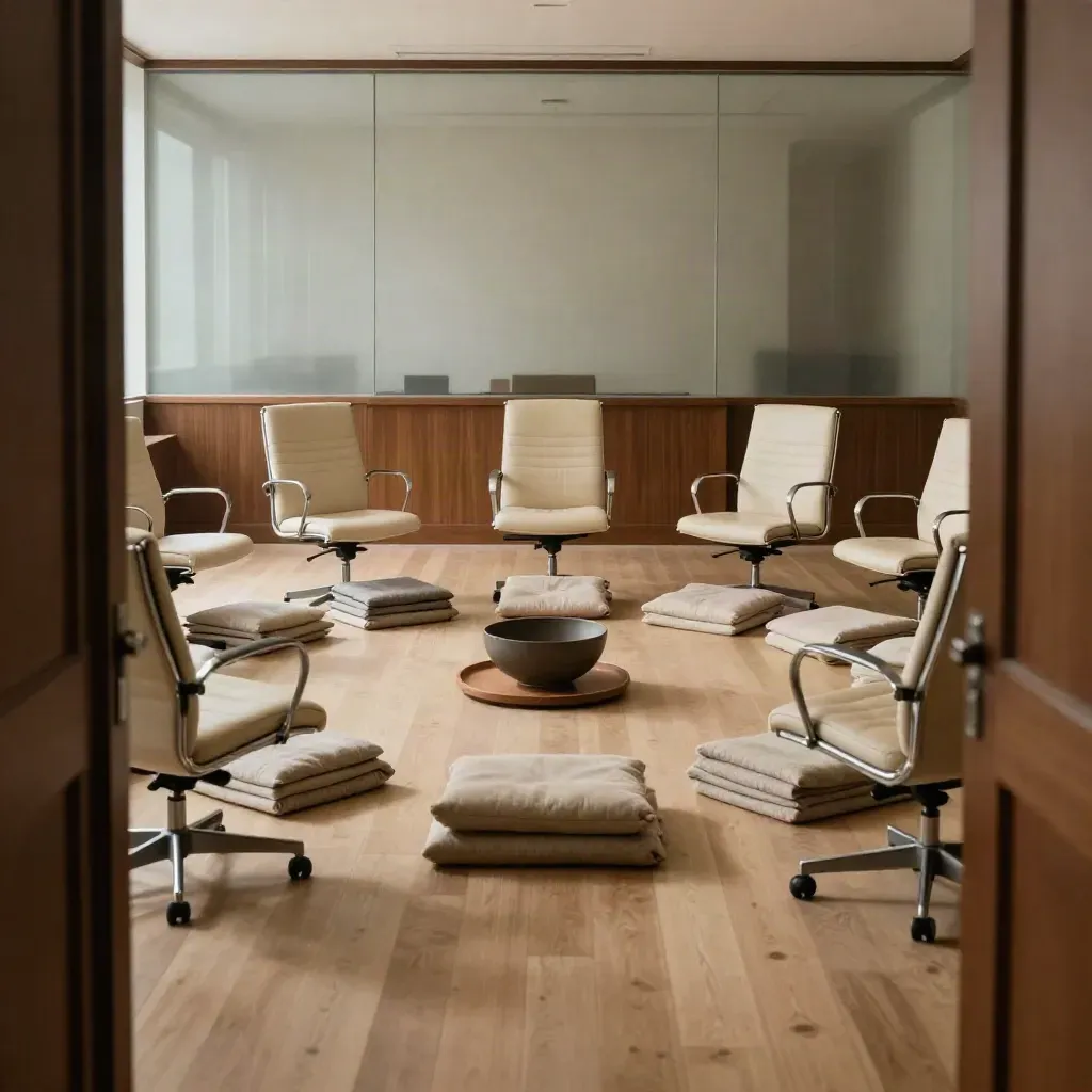 Empty boardroom turned meditation circle with cushions, rolled chairs and a ceramic bowl in warm daylight.