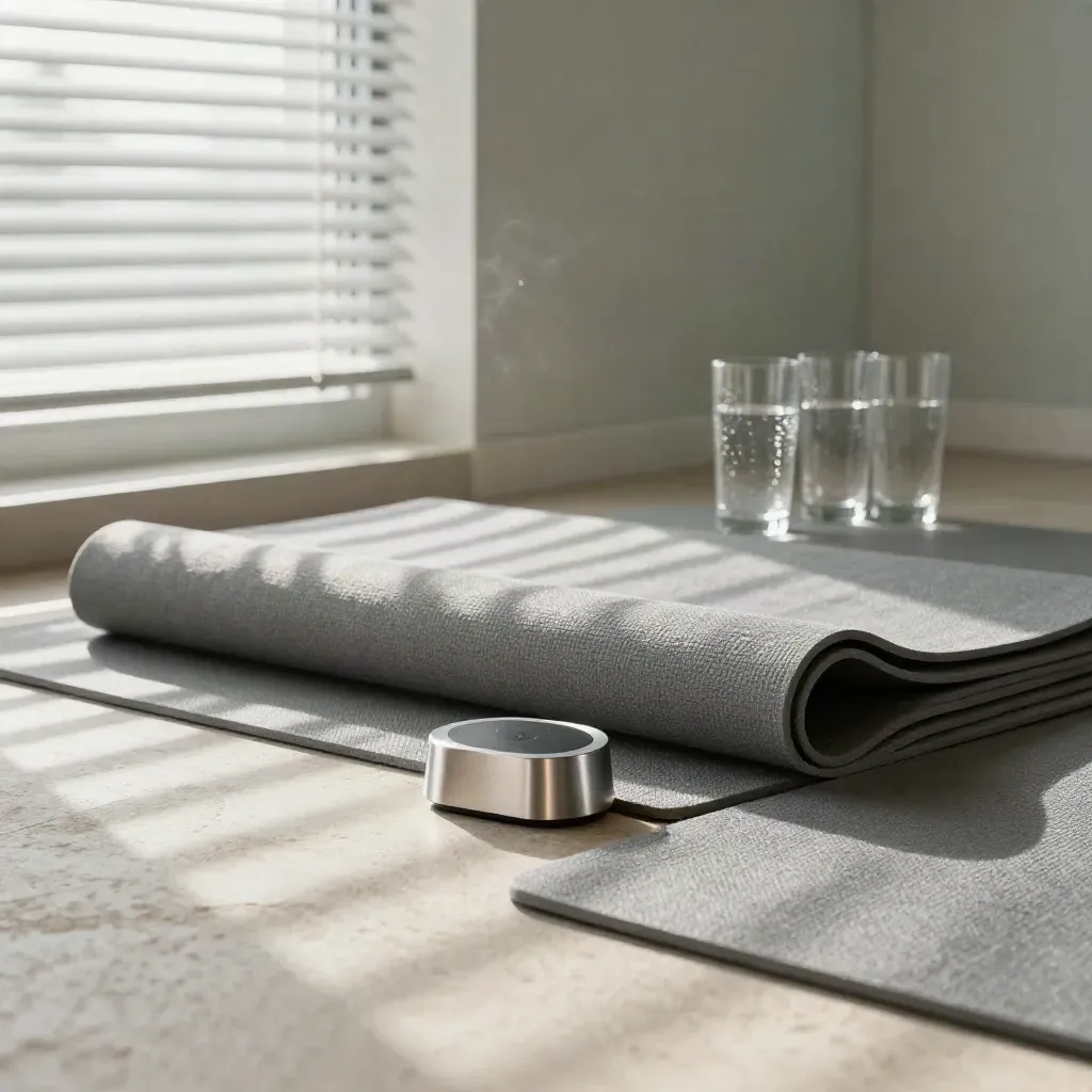 Empty wellness huddle setup with mats, timer, and water glasses in soft morning light.