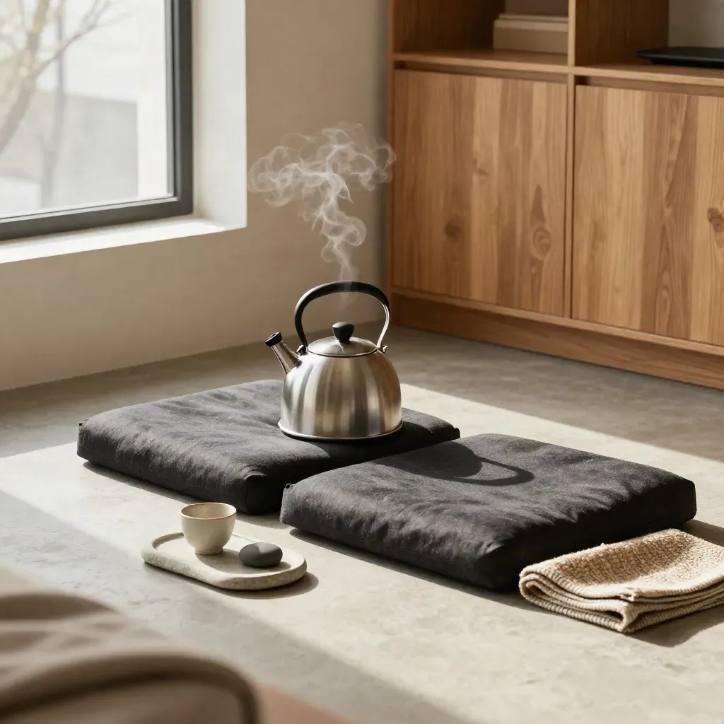Steaming kettle with cushions and blanket in a quiet office reset corner