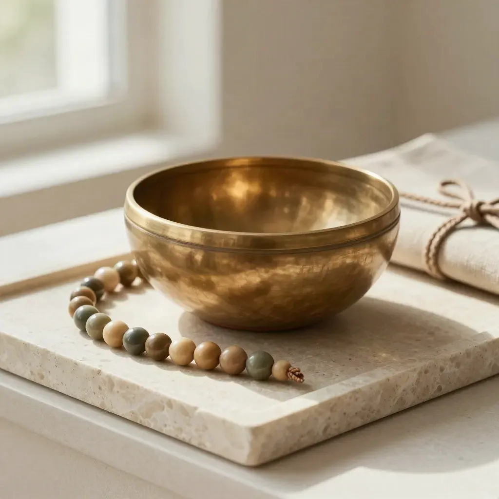 Macro still life of a brass singing bowl, mala beads and linen-wrapped journal on stone.