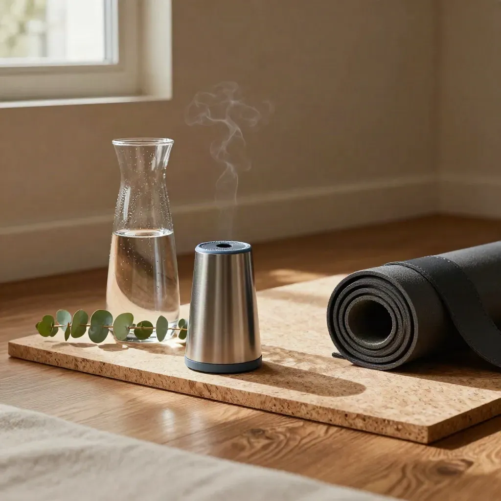 Breath timer, condensation-beaded carafe, eucalyptus sprig and rolled mat strap in a dim studio