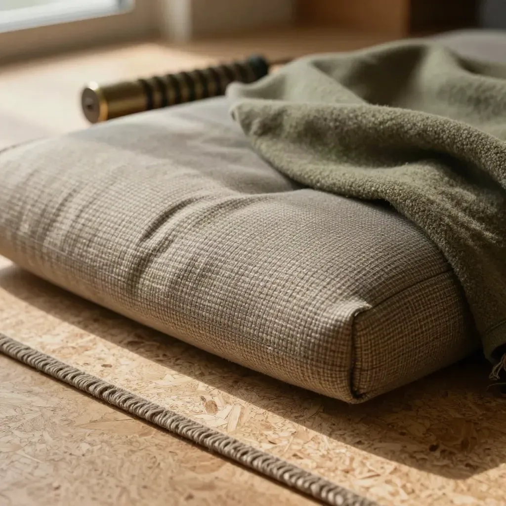 Close-up of a meditation cushion, wool blanket and bronze chime on a calm studio floor.