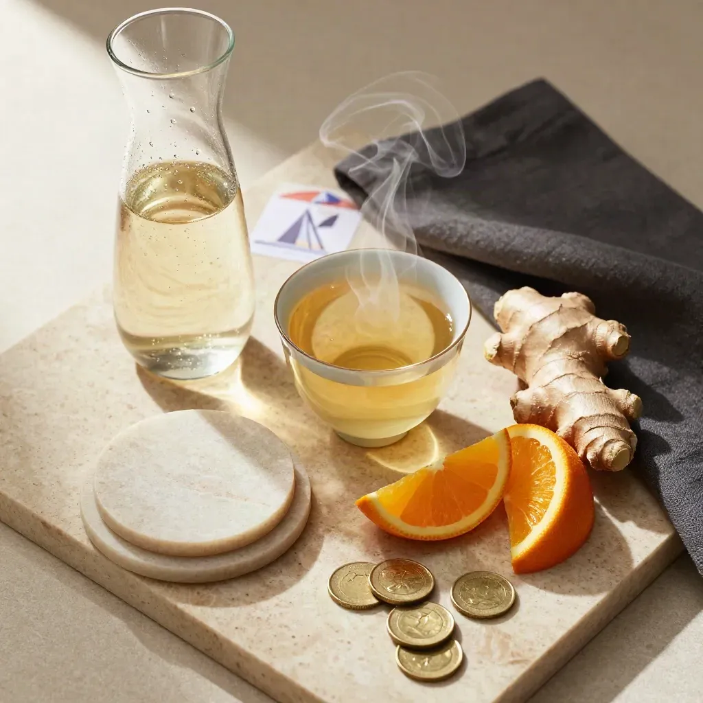 Overhead wellness tea tray with citrus, ginger, glass carafe and stone coasters