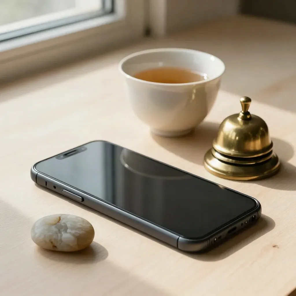 Face-down phone, tea cup, brass bell, and stone paperweight on pale wood.