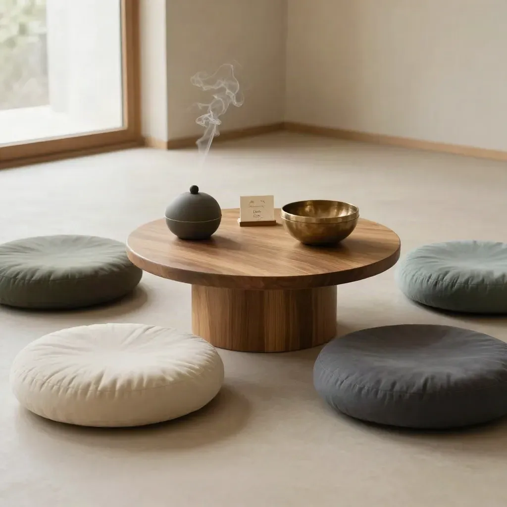 Bolsters, brass bowl and diffuser arranged in a calm session circle on plaster floor.
