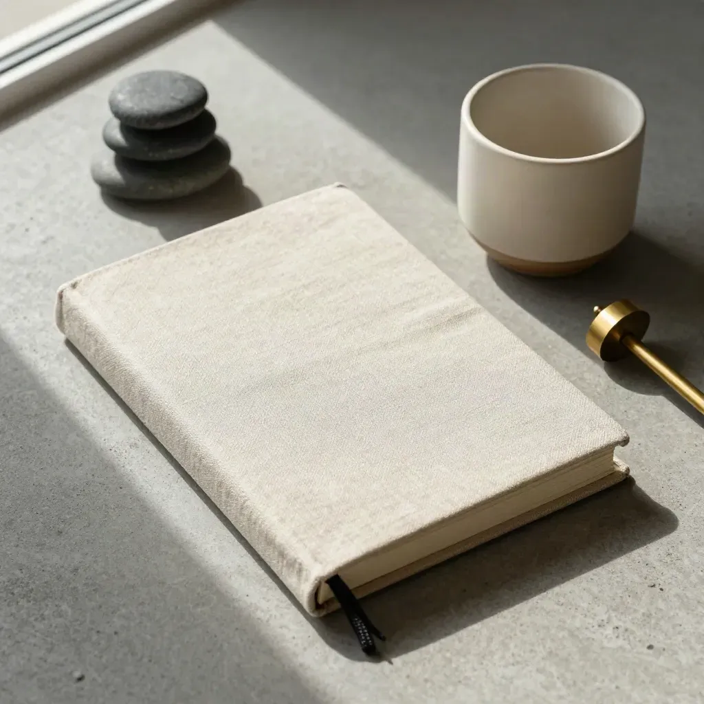 Overhead flat lay of journal, stone stack, ceramic cup and brass chime on concrete
