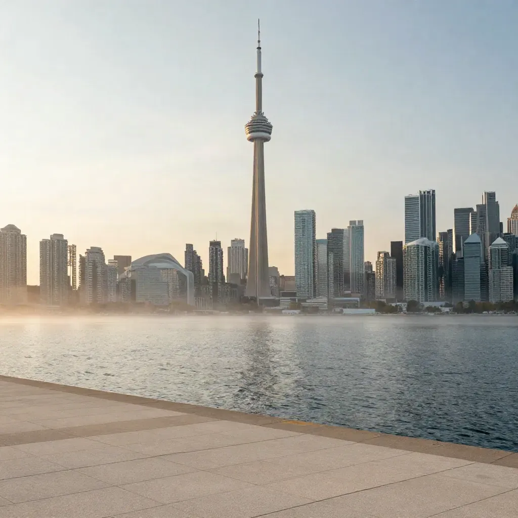 Toronto skyline with CN Tower above a calm lake edge at warm hazy sunset.