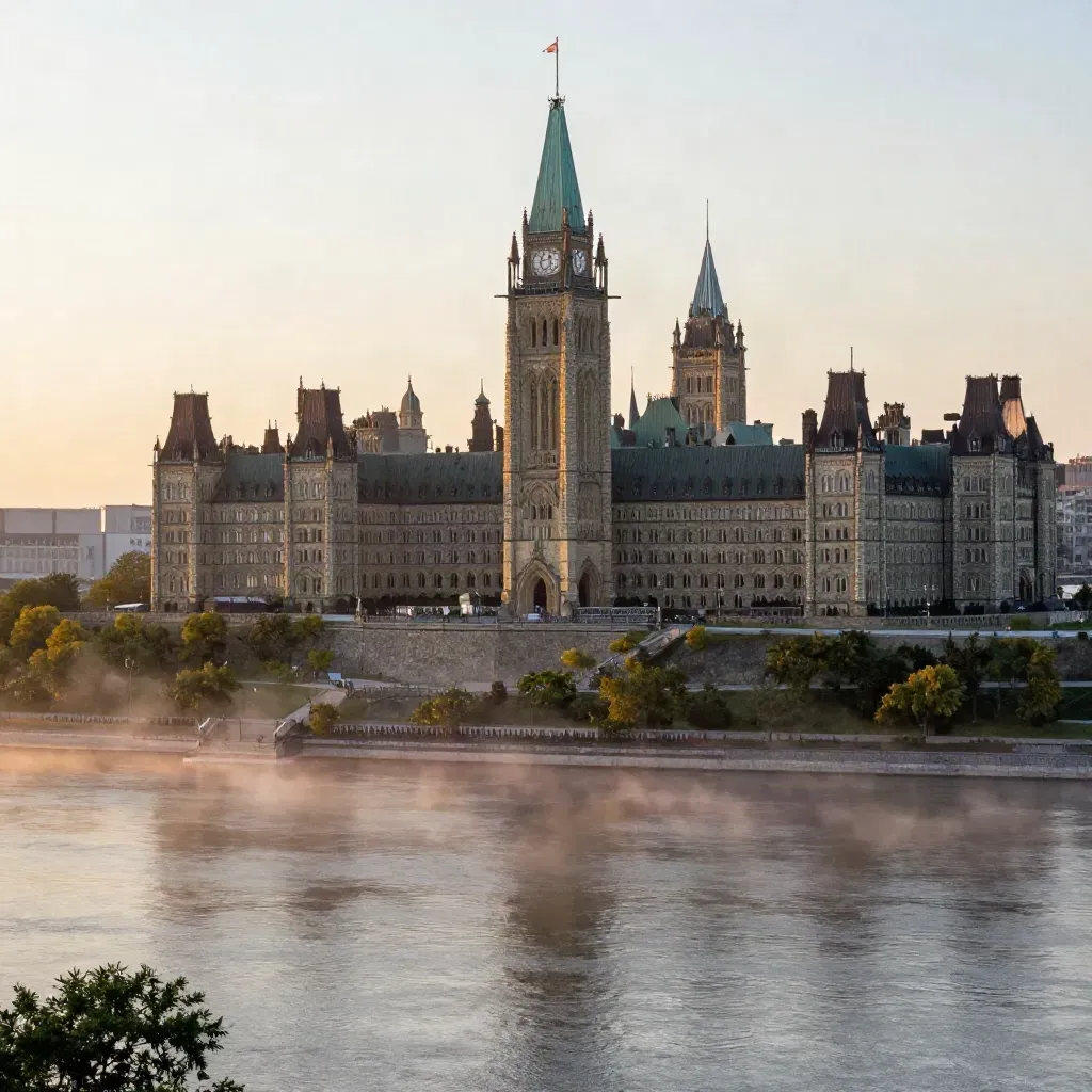 Parliament Hill rises through dawn mist above the Ottawa River at sunrise