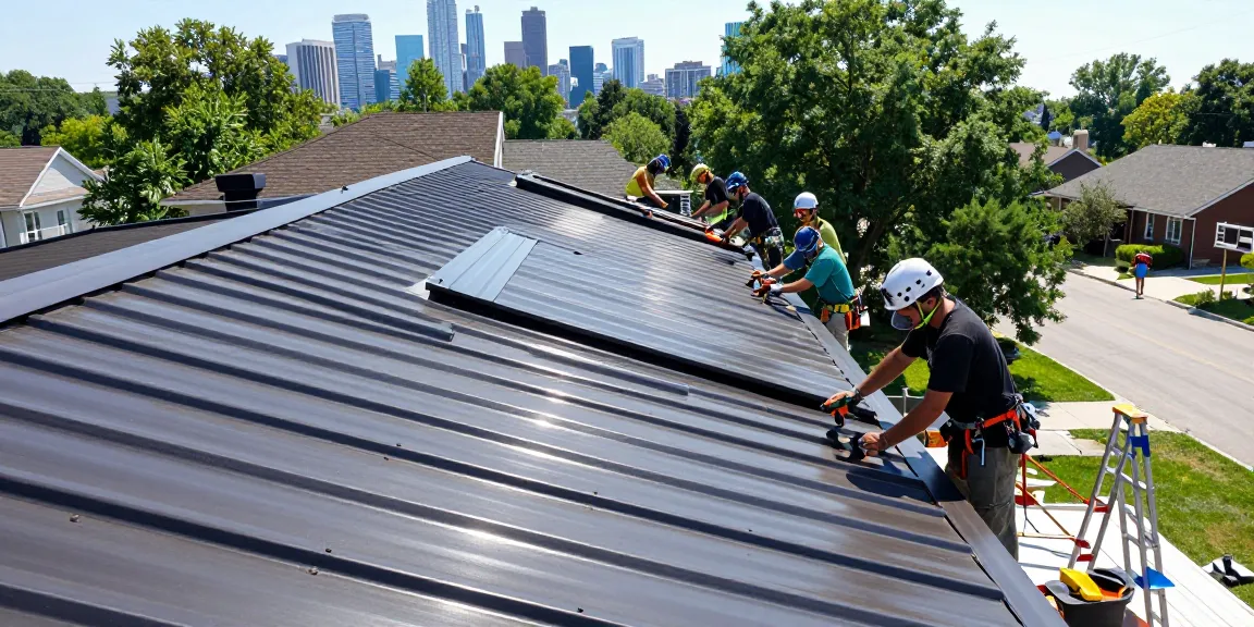 Team of professional roofers installing metal roofing in Toronto, emphasizing quality and expertise in metal roofing Toronto.